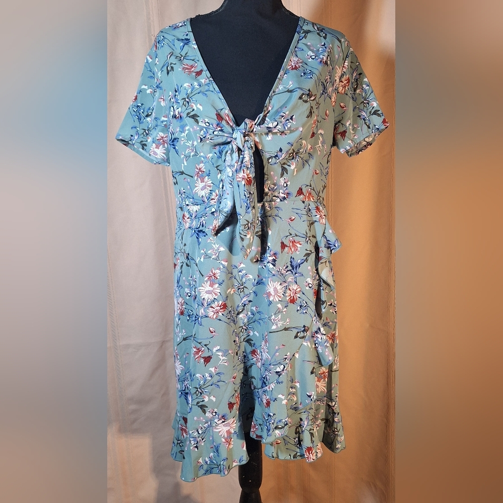 SHEIN Floral Tie-Front Midi Dress in Light Green with Pink and Blue Flowers